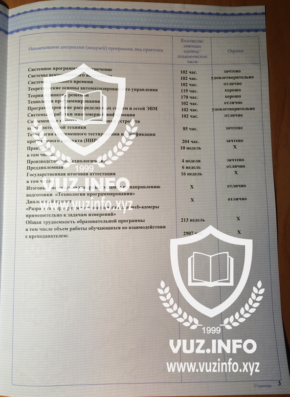 Диплом ВУЗа Специалист 2013-2014-2015-2016-2017-2018-2019-2020 годов окончания (3-я страница приложения)